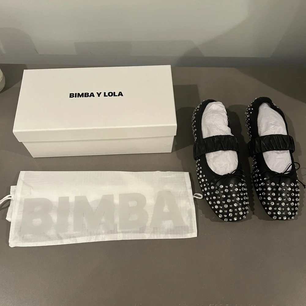 NWT BIMBA y Lola STUDDED BLACK LEATHER BALLERINA Ballet Flats size 39 - Picture 8 of 12